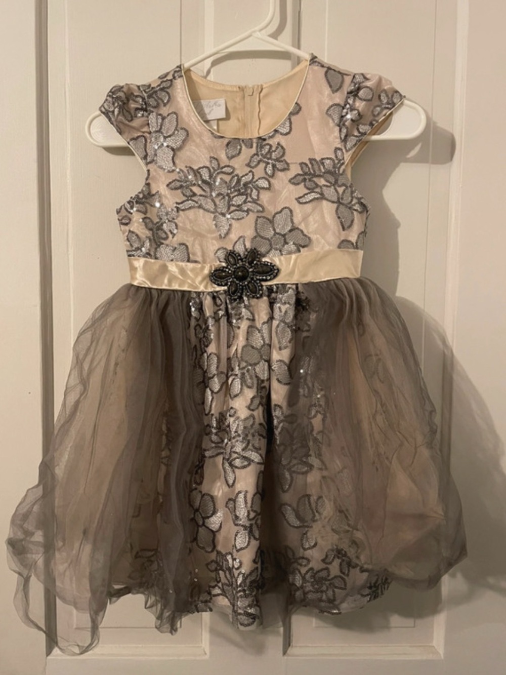 Angel Champagne and Silver Floral Lace Tulle Dress with Jeweled Waist - Picture 1 of 6